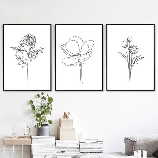Set x3 Cuadros Decorativos Botánico , Flores dibujadas , Blanco y Negro - Tree House Deco