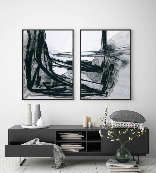 Set x2 Cuadros Abstracto Blanco y Negro