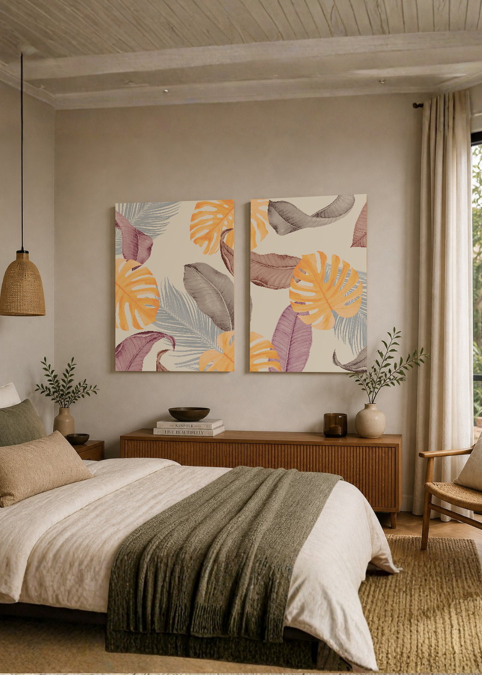 Set x2 Cuadros Decorativos Sin Marco - MDF 9mm Abstractos Dorado Boho Monstera Plantas - foto 1