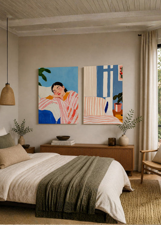 Set x2 Cuadros Decorativos Sin Marco - MDF 9mm Abstractos Ilustraciones Modernas Mujer Dormida - foto 1