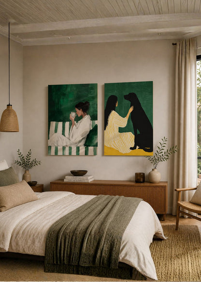Set x2 Cuadros Decorativos Sin Marco - MDF 9mm Abstractos Ilustraciones Modernas Mujer Perro Verde Esmeralda - foto 1