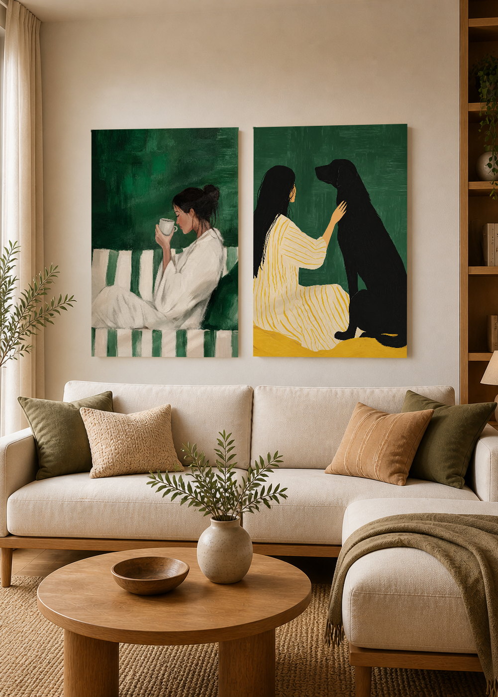 Set x2 Cuadros Decorativos Sin Marco - MDF 9mm Abstractos Ilustraciones Modernas Mujer Perro Verde Esmeralda - foto 2