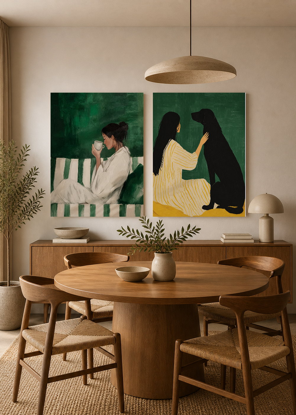 Set x2 Cuadros Decorativos Sin Marco - MDF 9mm Abstractos Ilustraciones Modernas Mujer Perro Verde Esmeralda - foto 3