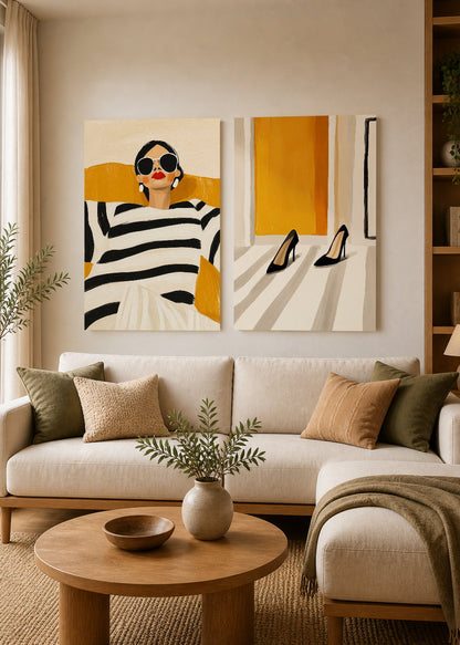 Set x2 Cuadros Decorativos Sin Marco - MDF 9mm Abstractos Ilustraciones Modernas Mujer Tacones Amarillo - foto 2