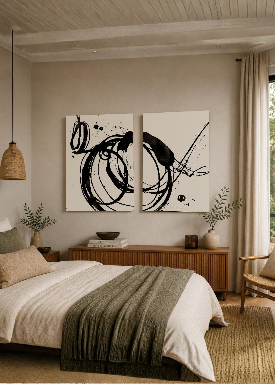 Set x2 Cuadros Decorativos Sin Marco - MDF 9mm Arte Abstracto Black Fondo Beige - foto 1