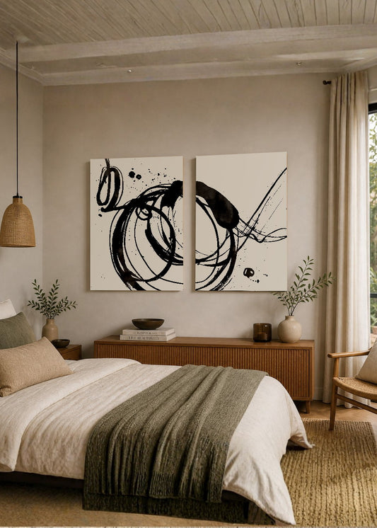 Set x2 Cuadros Decorativos Sin Marco - MDF 9mm Arte Abstracto Black Fondo Beige - foto 1