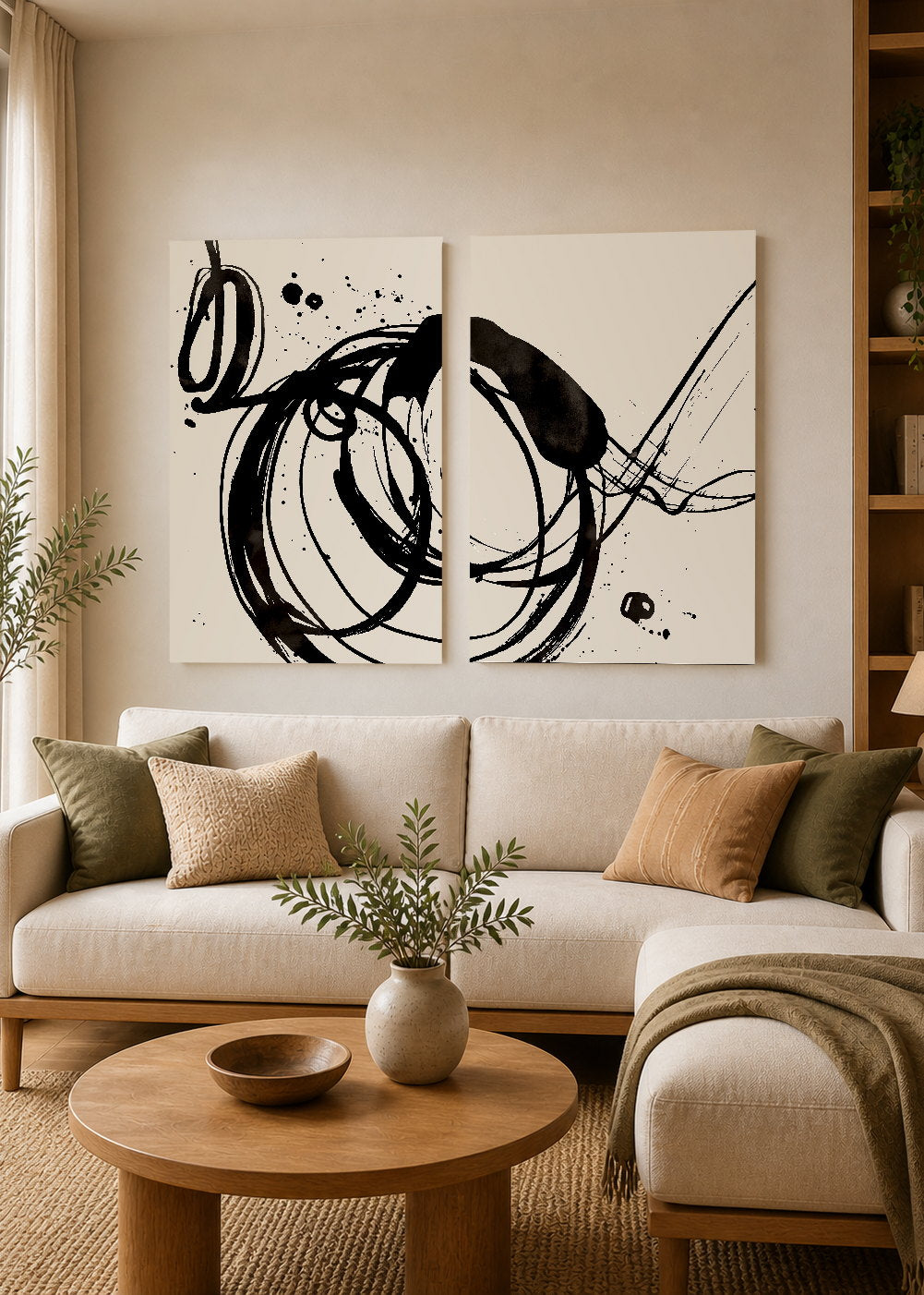 Set x2 Cuadros Decorativos Sin Marco - MDF 9mm Arte Abstracto Black Fondo Beige - foto 2