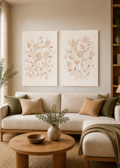 Set x2 Cuadros Decorativos Sin Marco - MDF 9mm Diseños Botánico Flores Beige - foto 2