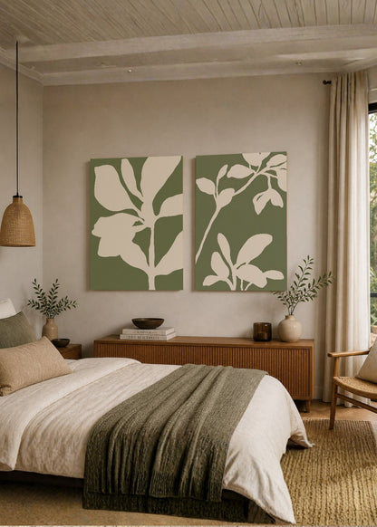 Set x2 Cuadros Decorativos Sin Marco - MDF 9mm Diseños Botánico Flores Verde Salvia - foto 1