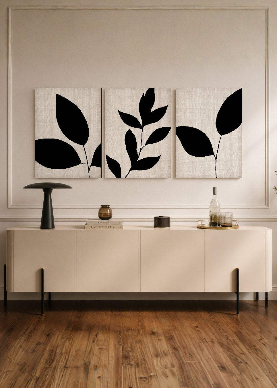 Set x3 Cuadros Decorativos Sin Marco - MDF 9mm Abstractos Blanco y Negro Flores - foto 1