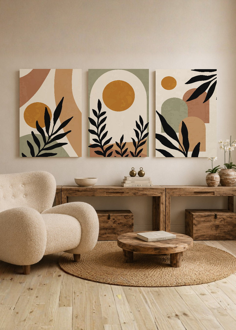 Set x3 Cuadros Decorativos Sin Marco - MDF 9mm Abstractos Boho Plantas - foto 2