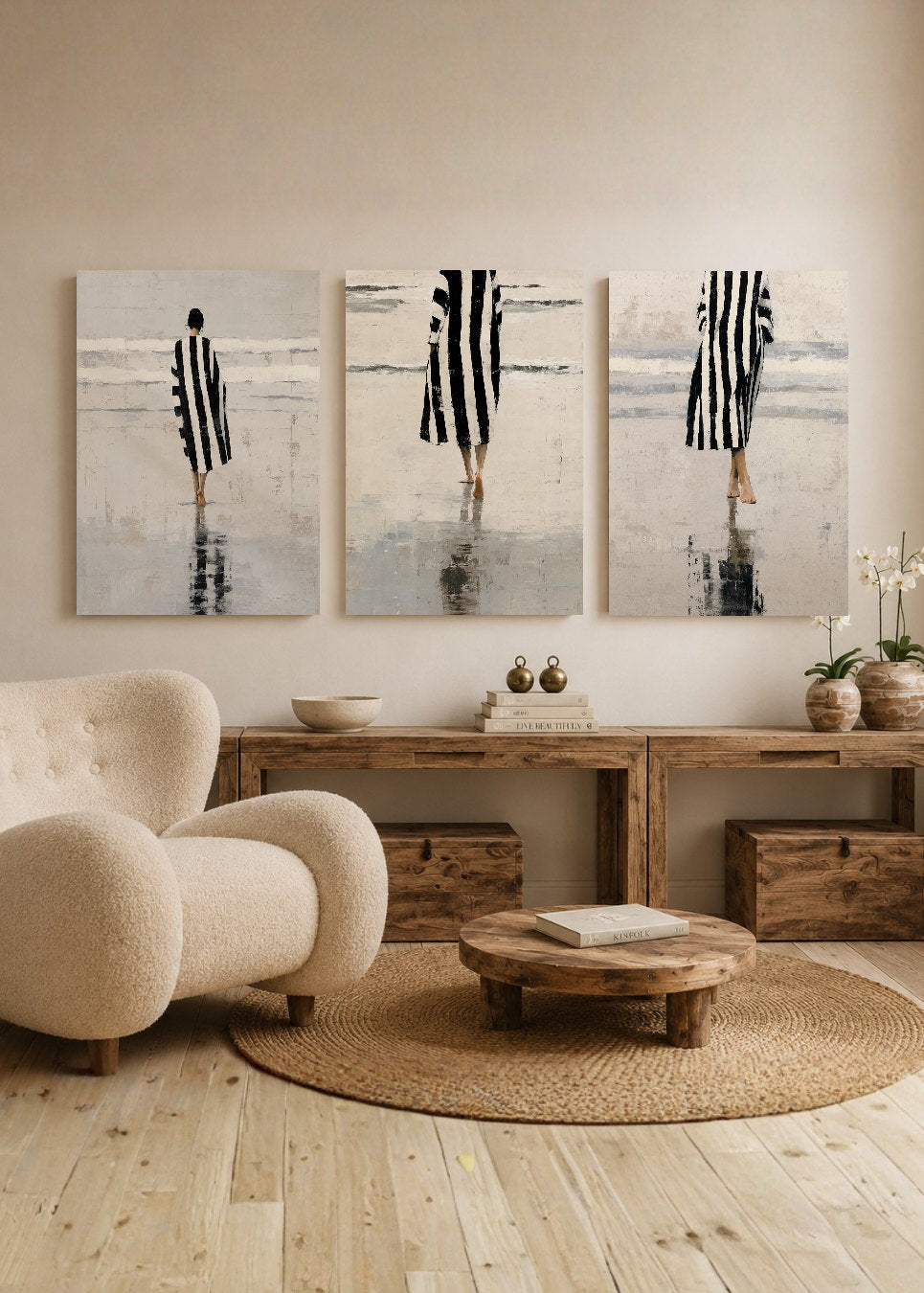 Set x3 Cuadros Decorativos Sin Marco - MDF 9mm Abstractos Ilustración Mujer Blanco y Negro Playa - foto 2