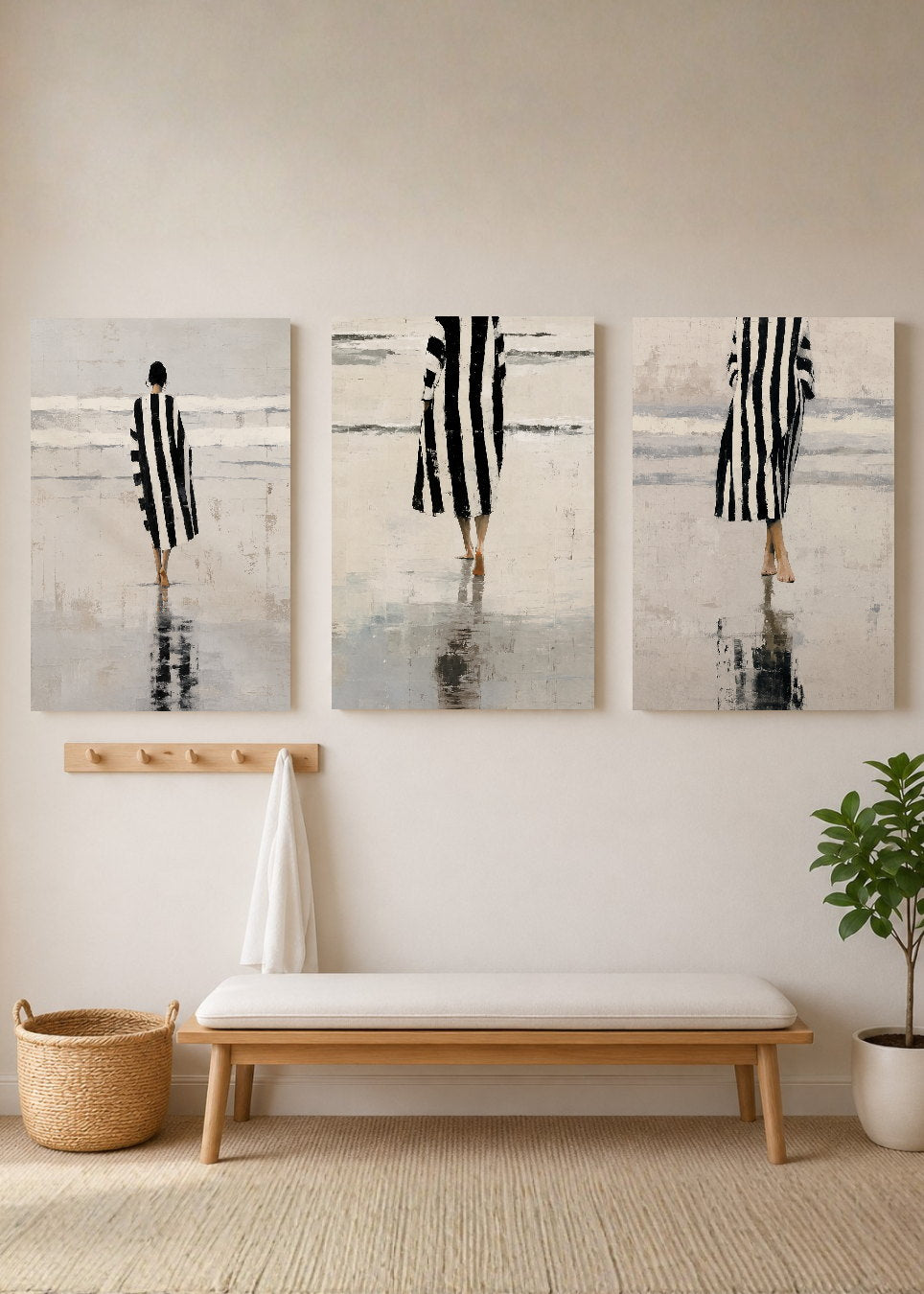 Set x3 Cuadros Decorativos Sin Marco - MDF 9mm Abstractos Ilustración Mujer Blanco y Negro Playa - foto 3