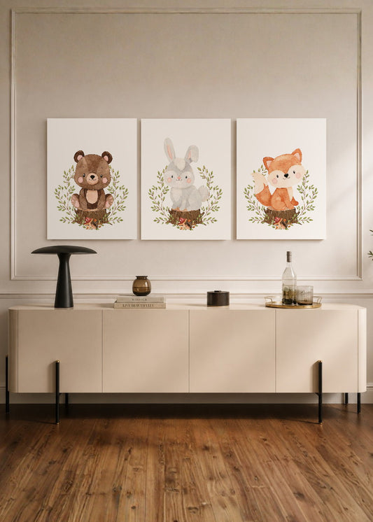 Set x3 Cuadros Decorativos Sin Marco - MDF 9mm Abstractos Kids Infantil Osito Conejo y Zorrito - foto 1