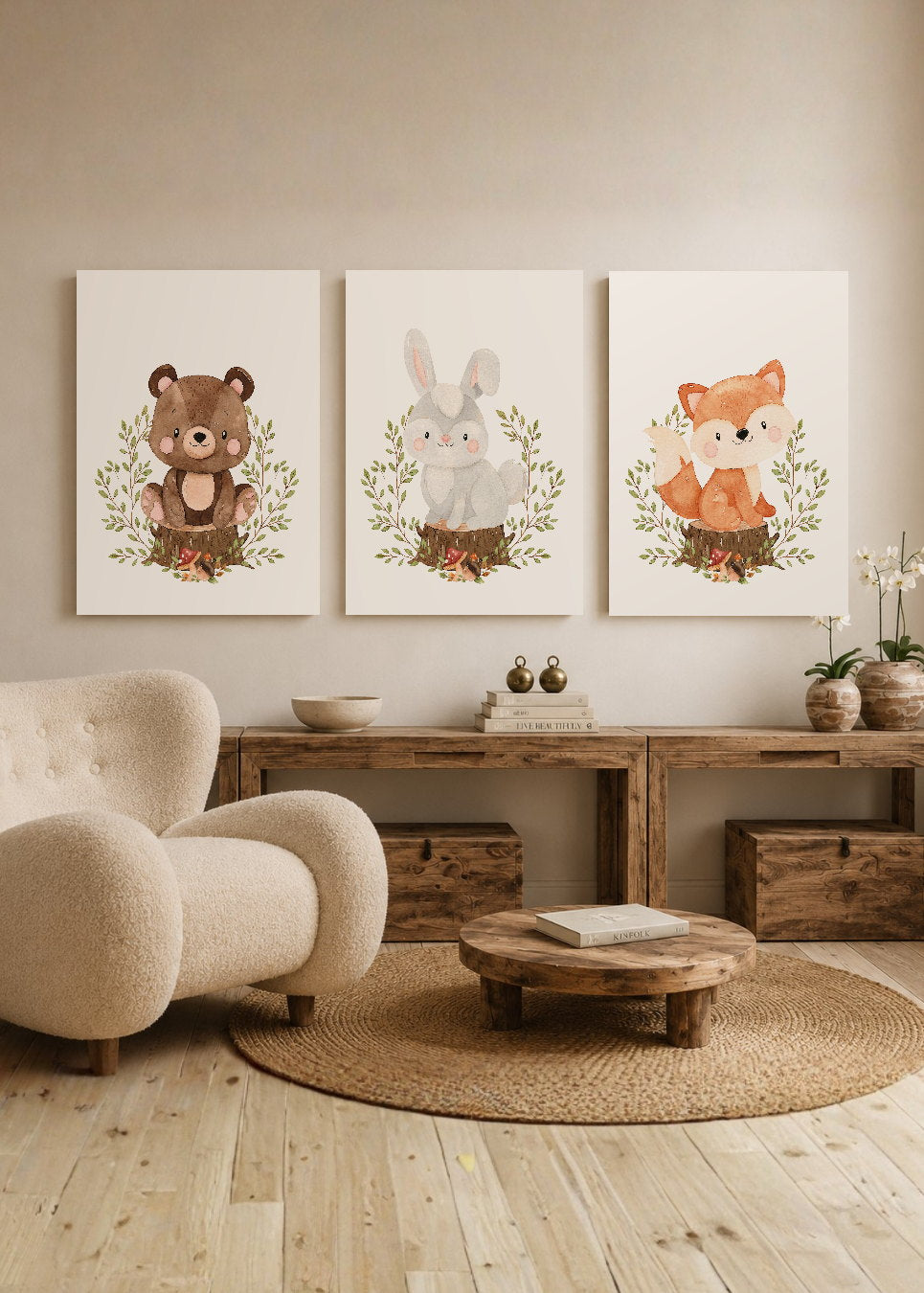 Set x3 Cuadros Decorativos Sin Marco - MDF 9mm Abstractos Kids Infantil Osito Conejo y Zorrito - foto 2
