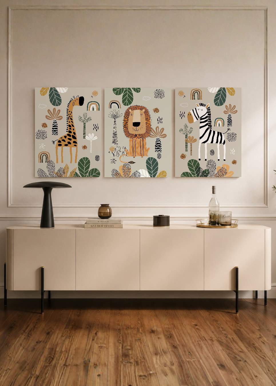 Set x3 Cuadros Decorativos Sin Marco - MDF 9mm Abstractos Kids Infantil Selva León Jirafa Cebra - foto 1