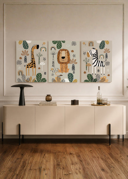 Set x3 Cuadros Decorativos Sin Marco - MDF 9mm Abstractos Kids Infantil Selva León Jirafa Cebra - foto 1