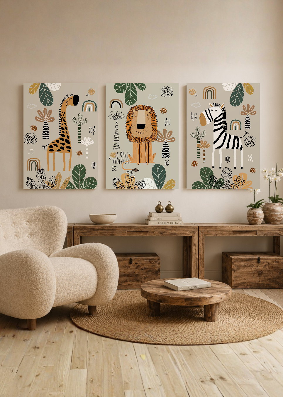 Set x3 Cuadros Decorativos Sin Marco - MDF 9mm Abstractos Kids Infantil Selva León Jirafa Cebra - foto 2