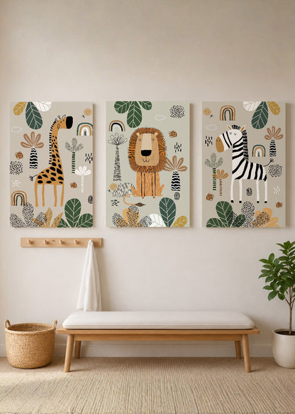 Set x3 Cuadros Decorativos Sin Marco - MDF 9mm Abstractos Kids Infantil Selva León Jirafa Cebra - foto 3