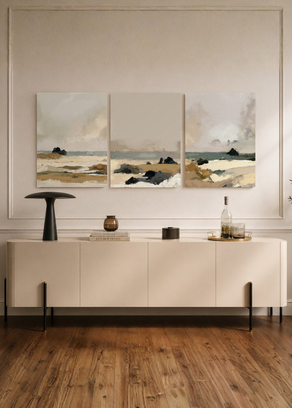 Set x3 Cuadros Decorativos Sin Marco - MDF 9mm Abstractos Pintura Beige - foto 1