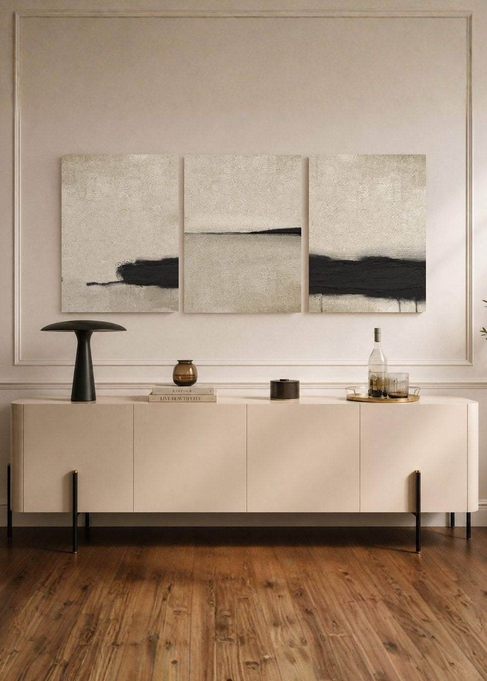 Set x3 Cuadros Decorativos Sin Marco - MDF 9mm Abstractos Pintura Negro Beige - foto 1