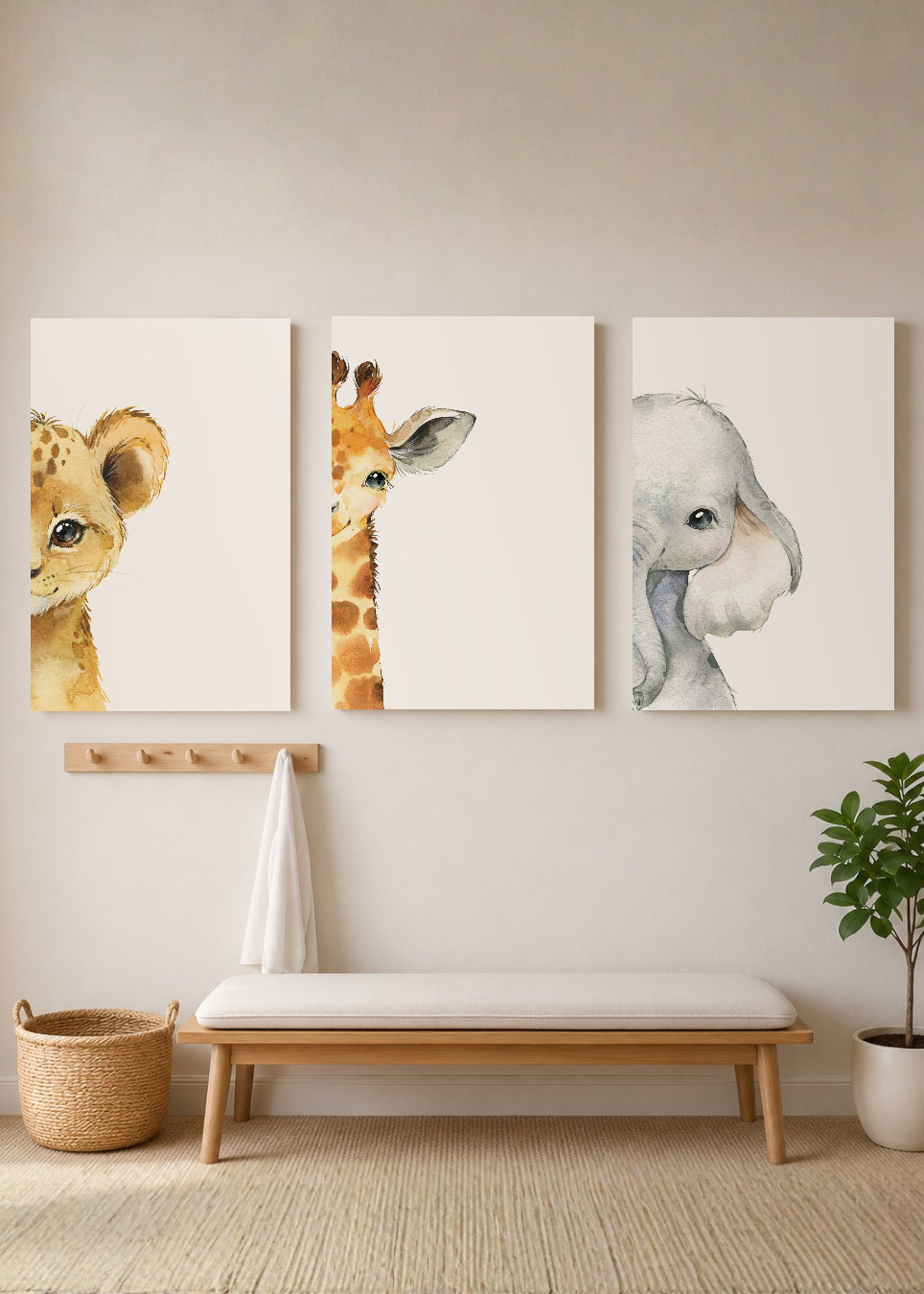 Set x3 Cuadros Decorativos Sin Marco - MDF 9mm Animalitos León Jirafa Elefante - foto 3