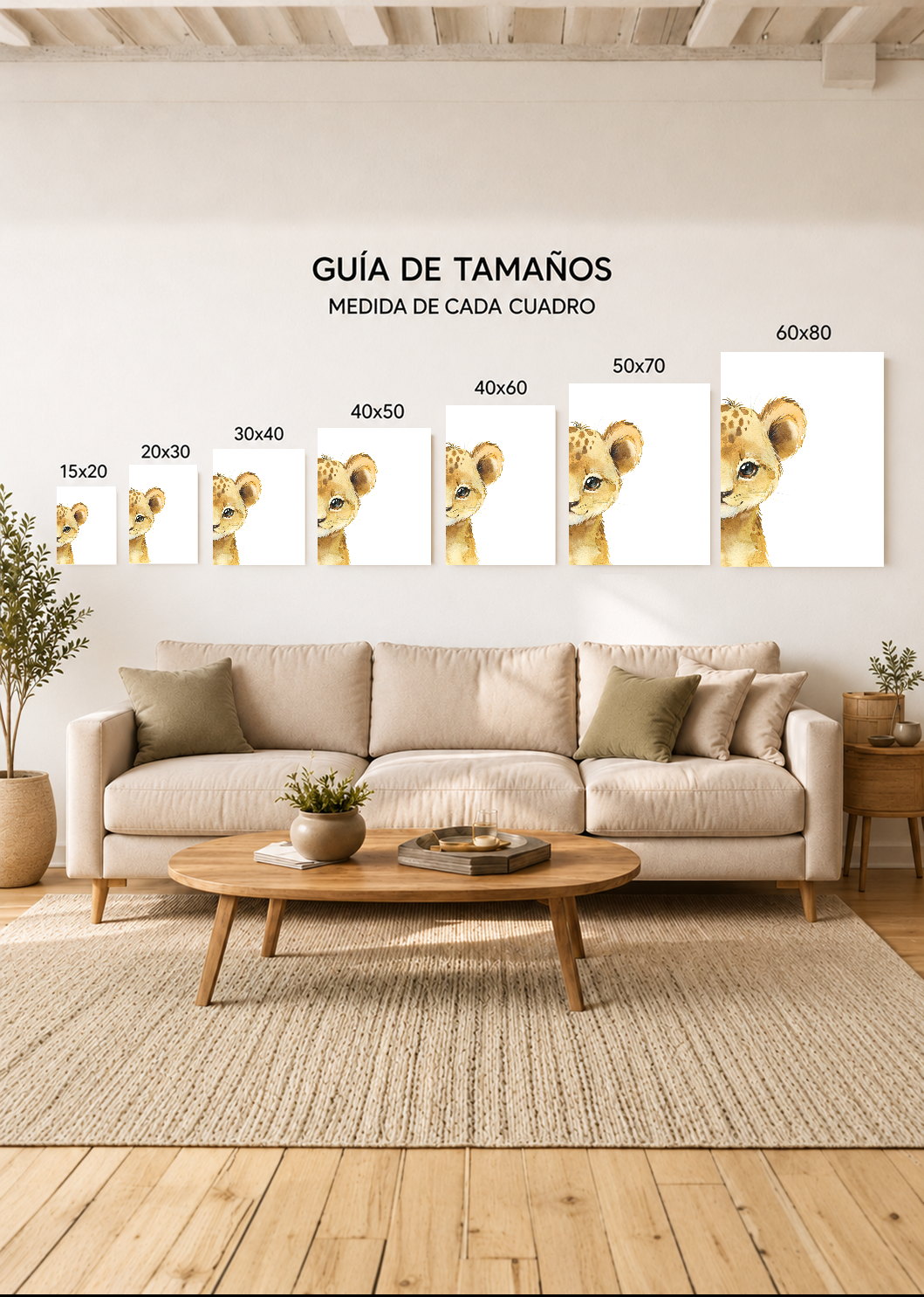 Set x3 Cuadros Decorativos Sin Marco - MDF 9mm Animalitos León Jirafa Elefante - foto 4