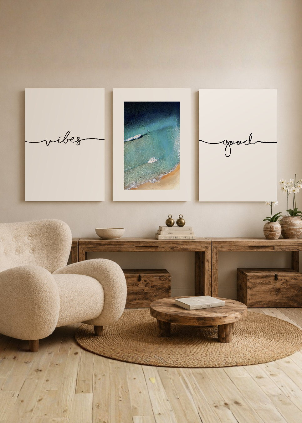 Set x3 Cuadros Decorativos Sin Marco - MDF 9mm Good Vibes Playa - foto 2