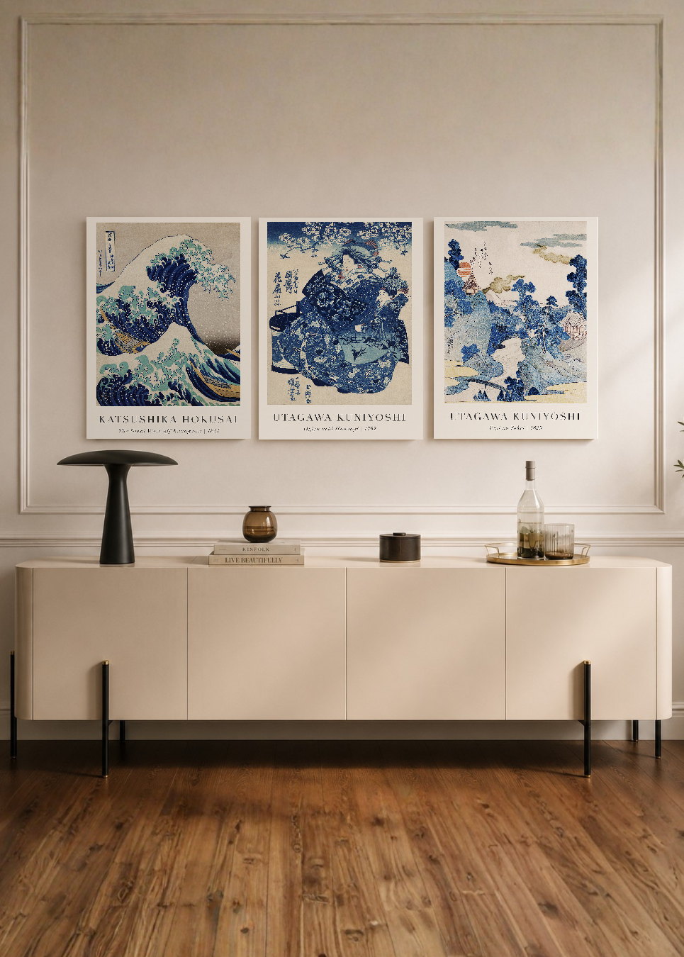Set x3 Cuadros Decorativos Sin Marco - MDF 9mm The Great Wave Off Kanagawa la Gran Ola de Kanagawa Azul - foto 1