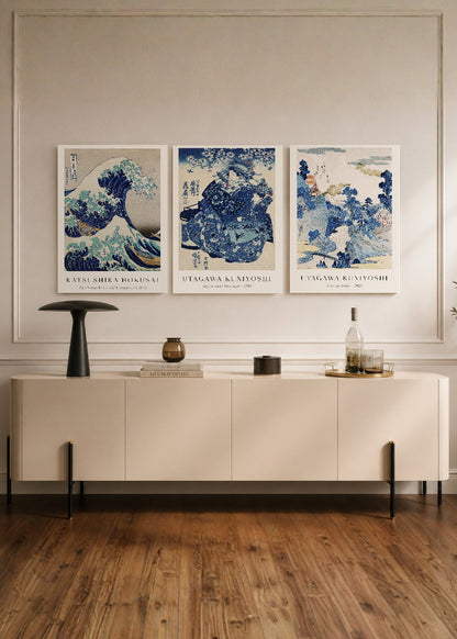 Set x3 Cuadros Decorativos Sin Marco - MDF 9mm The Great Wave Off Kanagawa la Gran Ola de Kanagawa Azul - foto 1