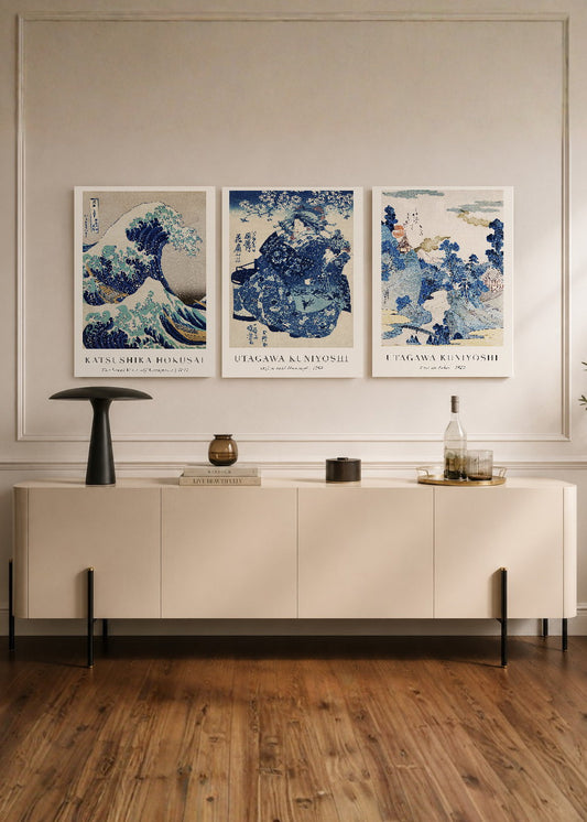 Set x3 Cuadros Decorativos Sin Marco - MDF 9mm The Great Wave Off Kanagawa la Gran Ola de Kanagawa Azul - foto 1