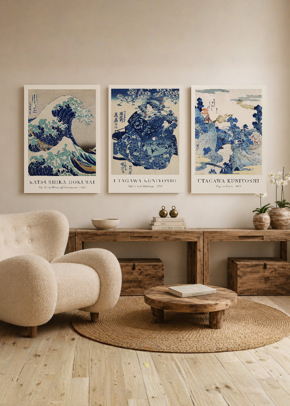 Set x3 Cuadros Decorativos Sin Marco - MDF 9mm The Great Wave Off Kanagawa la Gran Ola de Kanagawa Azul - foto 2