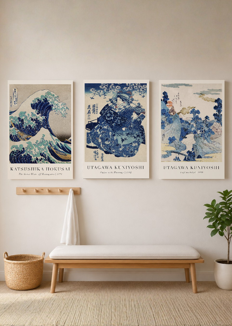 Set x3 Cuadros Decorativos Sin Marco - MDF 9mm The Great Wave Off Kanagawa la Gran Ola de Kanagawa Azul - foto 3