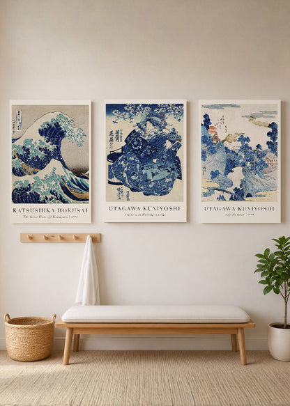 Set x3 Cuadros Decorativos Sin Marco - MDF 9mm The Great Wave Off Kanagawa la Gran Ola de Kanagawa Azul - foto 3