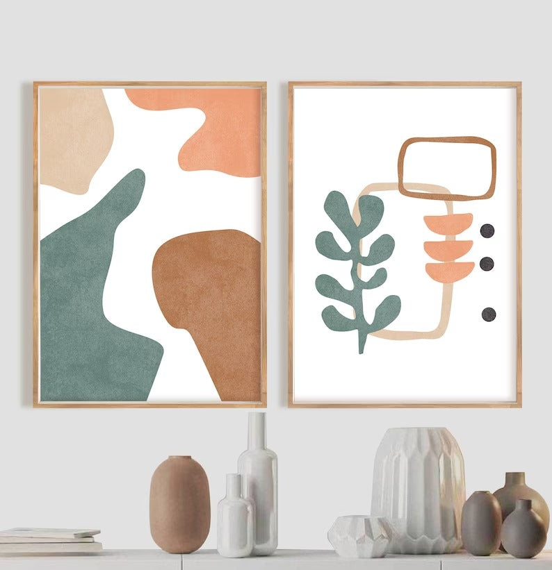 Set x 2 Cuadros abstractos, líneas, azul y rojo, boho - Tree House Deco