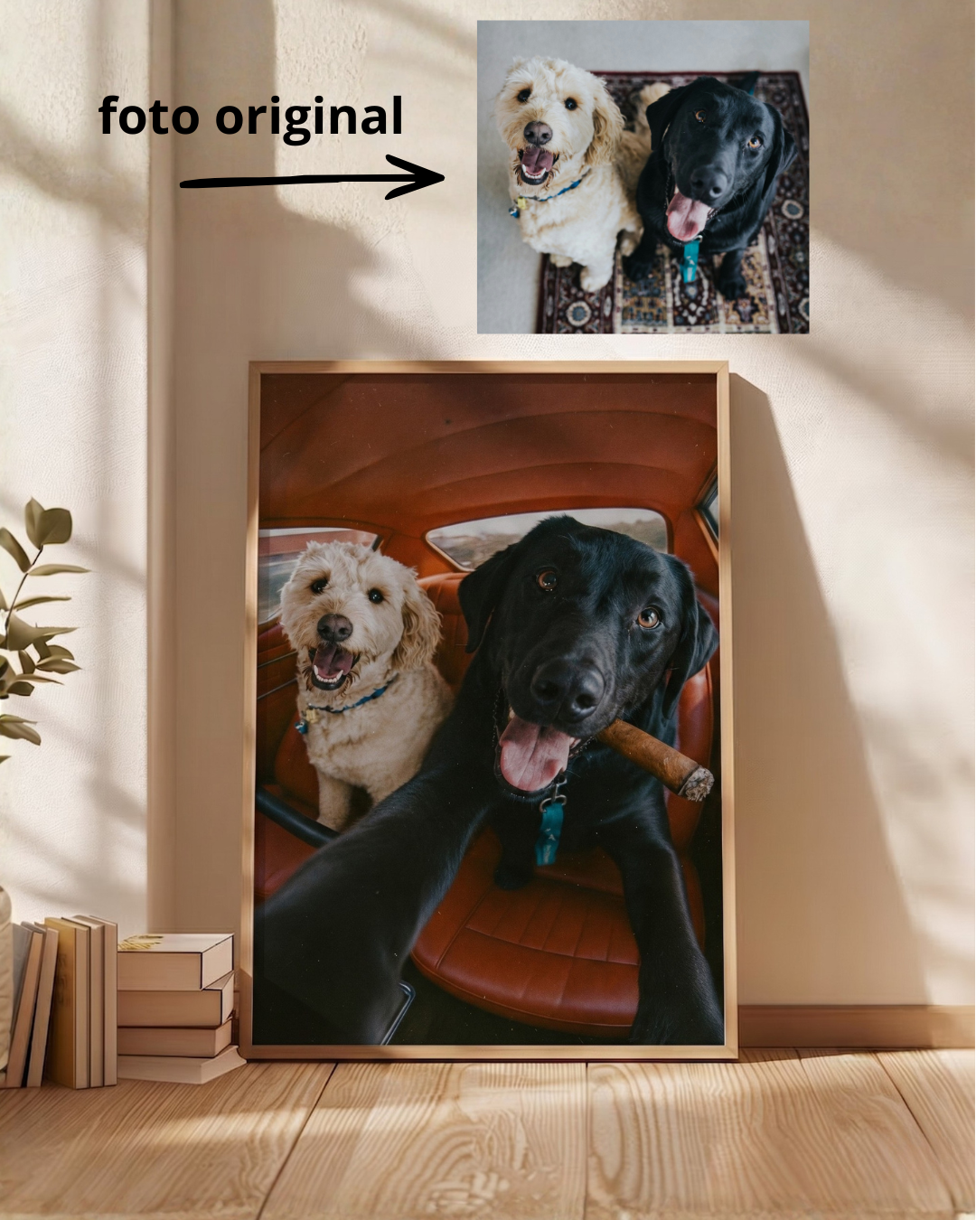 Cuadro Personalizado, Tu propio Diseño, Marco Natural Mascotas, Divertido Auto