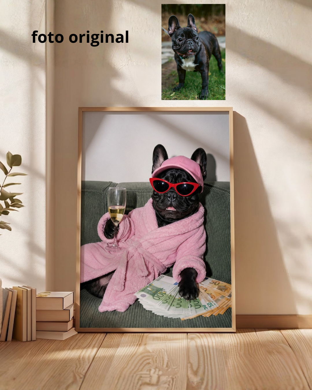 Cuadro Personalizado, Tu propio Diseño, Marco Natural Mascotas, Divertido Perro Millonario
