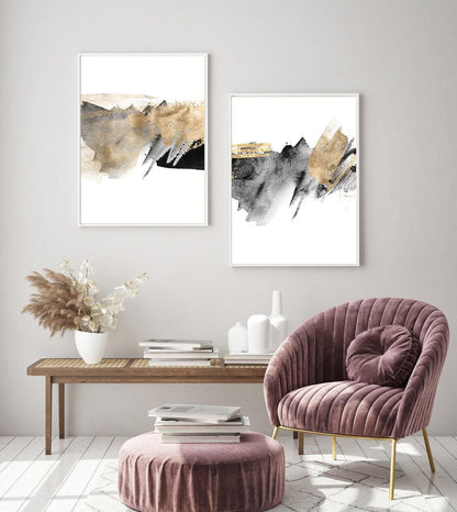 Set x2 Cuadros Decorativos Abstracto, Manchas , Negro y Dorado - Tree House Deco
