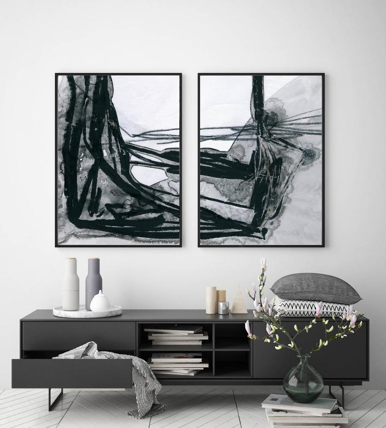 Set x2 Cuadros Abstracto Blanco y Negro