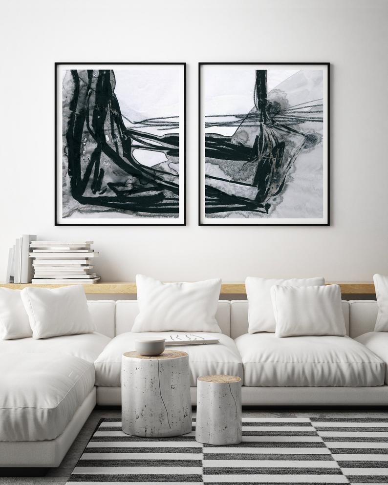 Set x2 Cuadros Abstracto Blanco y Negro
