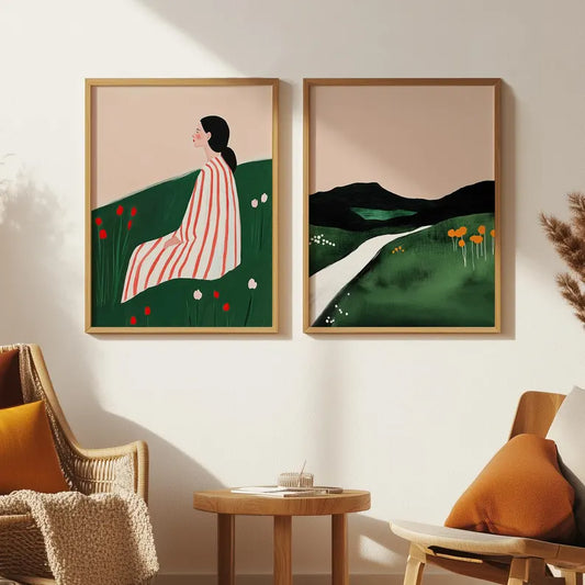 Set x2 Cuadros Decorativos, Living, Ilustraciones Modernas Marco Natural