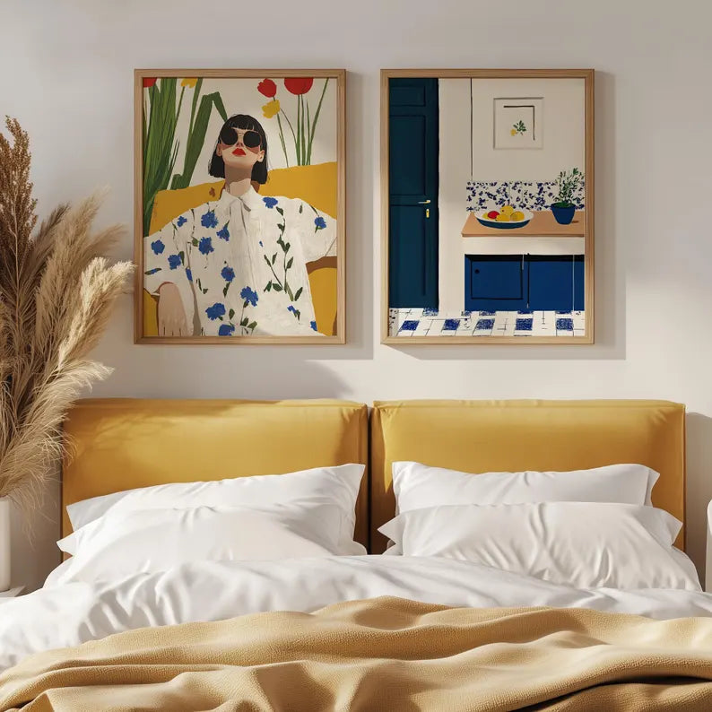 Set x2 Cuadros Decorativos, Living, Ilustraciones Modernas Marco Natural