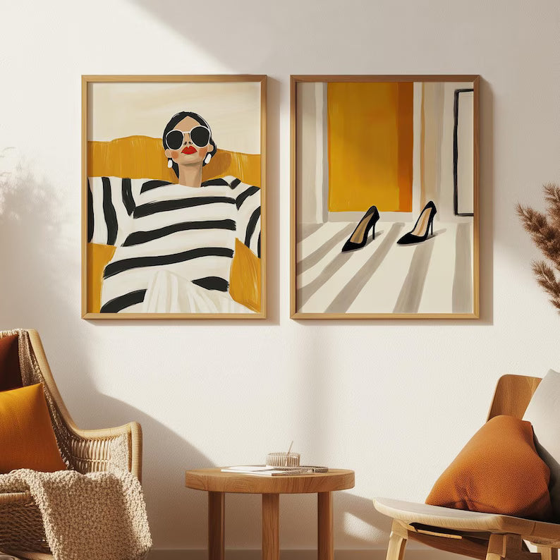Set x2 Cuadros Decorativos, Living, Ilustraciones Modernas Marco Natural