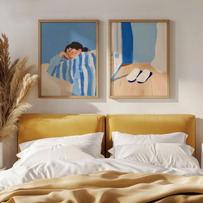 Set x2 Cuadros Decorativos, Living, Ilustraciones Modernas Marco Natural