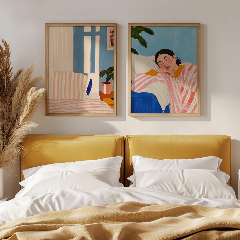 Set x2 Cuadros Decorativos, Living, Ilustraciones Modernas Marco Natural
