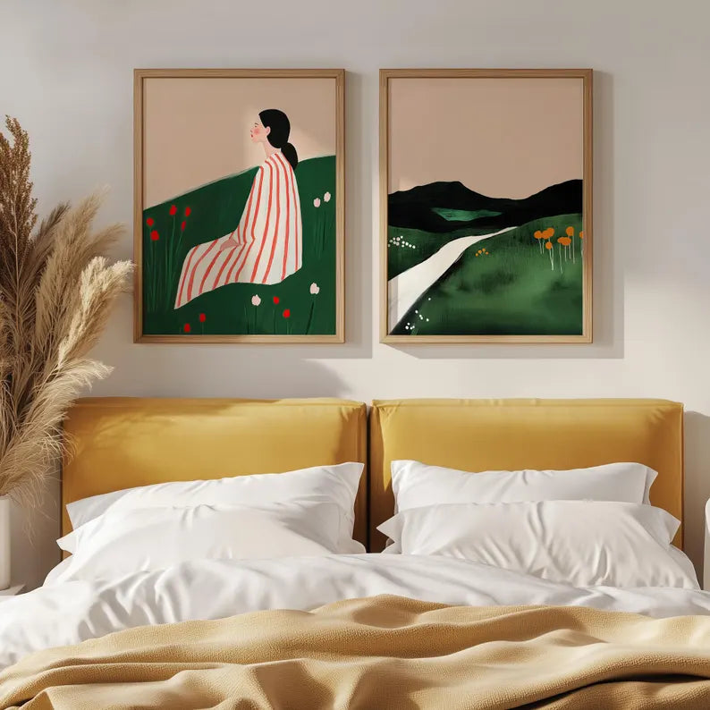 Set x2 Cuadros Decorativos, Living, Ilustraciones Modernas Marco Natural