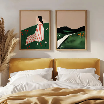 Set x2 Cuadros Decorativos, Living, Ilustraciones Modernas Marco Natural