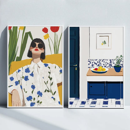 Set x2 Cuadros Decorativos, Living, Ilustraciones Modernas Marco Natural