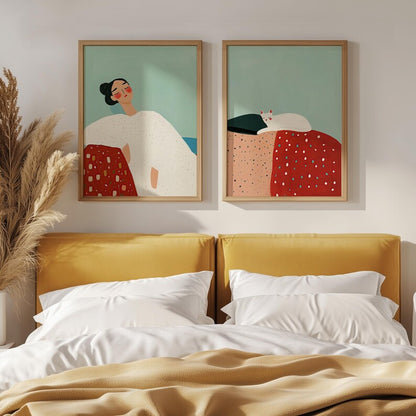 Set x2 Cuadros Decorativos, Living, Ilustraciones Modernas Marco Natural