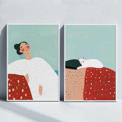 Set x2 Cuadros Decorativos, Living, Ilustraciones Modernas Marco Natural
